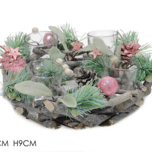 XMAS CANDLE DEC. ROUND W/ACORNS PINK 418021