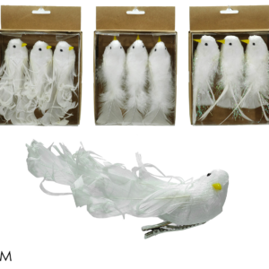 Set of 3 white birds with clips, 14 × 4 cm, 3 assorted