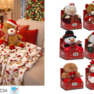 Plaid 75 x 90cm with Plush Christmas Character, 6 Assorted