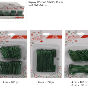 Metal hooks for baubles assorted sizes in green display art.