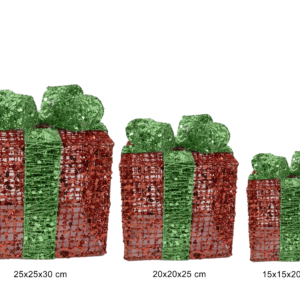 Set of 3 gift boxes with glitter bow, red and green