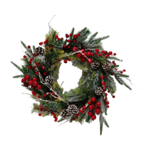 Wreath with berries and snow-covered pine cones