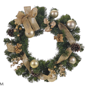 WREATH WITH GOLD BAUBLES & BOW 40CM