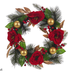 WREATH WITH RED FLOWERS & GOLD BAUBLES
