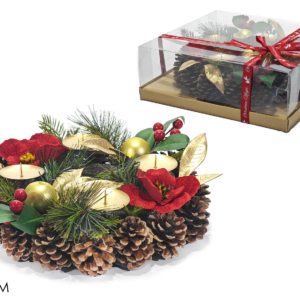 CANDLE HOLDER WITH PINE CONES 4-PIECE Ø30CM RED WITH GOLD