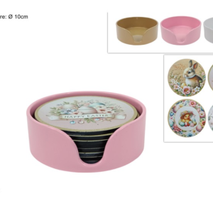 COASTERS WITH HOLDER, SET OF 8, EASTER DECORATION, 4 ASSORTED DESIGNS