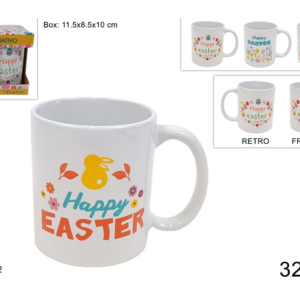 MUG, 325 ML, EASTER TEXT DECORATION, 3 ASSORTED DESIGNS, IN BOX