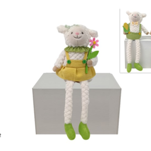 40CM SITTING SHEEP, FUR, WITH DRESS, 2 ASSORTED DESIGNS