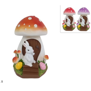 MUSHROOM HOUSE DECORATION WITH RABBIT, 17 CM, 3 COLORS