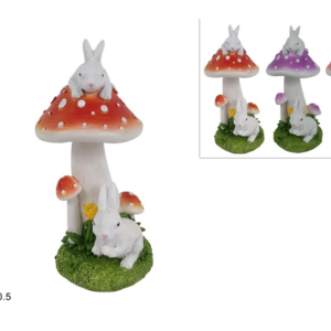 MUSHROOM DECORATION WITH RABBITS, 21 CM, 3 COLORS