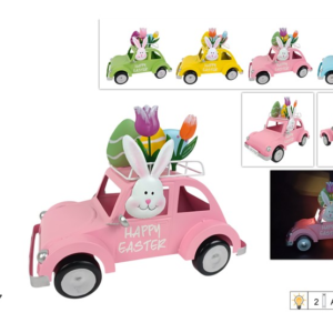 TIN CAR WITH EASTER DECORATION AND LIGHT, 4 COLOURS
