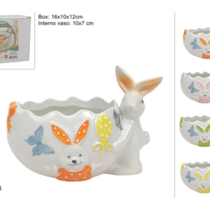 PLANT/EGG HOLDER 10x7CM W/ BUNNY & EASTER SCENE, CERAMIC, 4 COLOURS