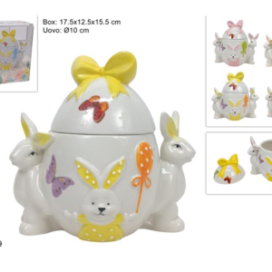 EGG JAR 10CM Ø WITH BUNNIES AND EASTER SCENE, CERAMIC, 4 COLOURS