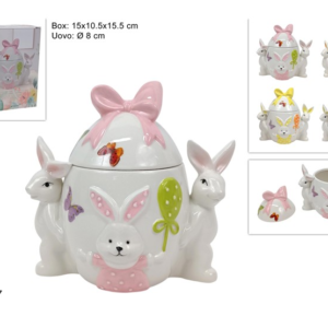 EGG JAR 8CM Ø WITH BUNNIES AND EASTER SCENE, CERAMIC, 4 COLOURS