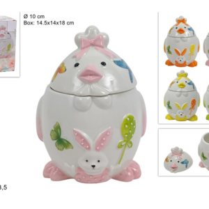 CHICK EGG JAR 10CM WITH EASTER SCENE, CERAMIC, 4 COLOURS